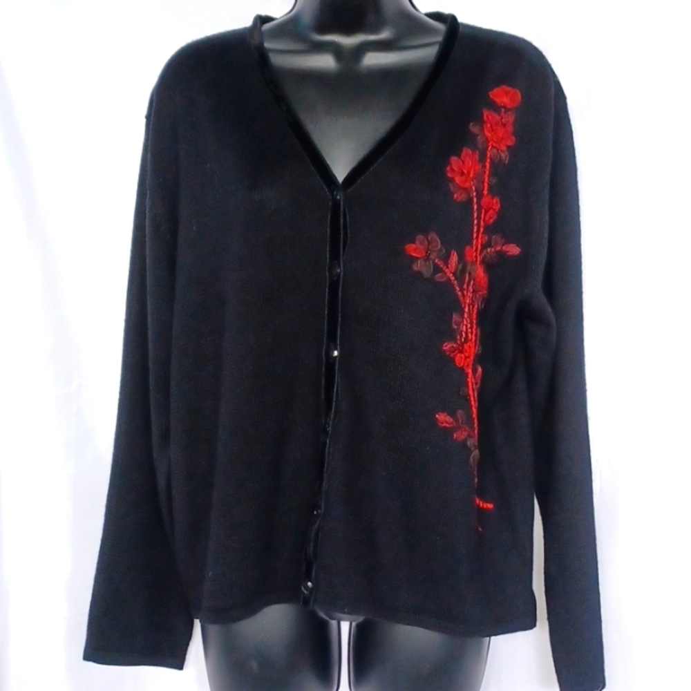 KORET VINTAGE Black and Red Embroidered and Beaded Floral Button Up Sweater XL